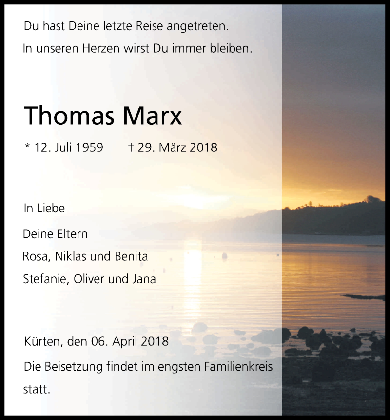  Traueranzeige für Thomas Marx vom 06.04.2018 aus Kölner Stadt-Anzeiger / Kölnische Rundschau / Express