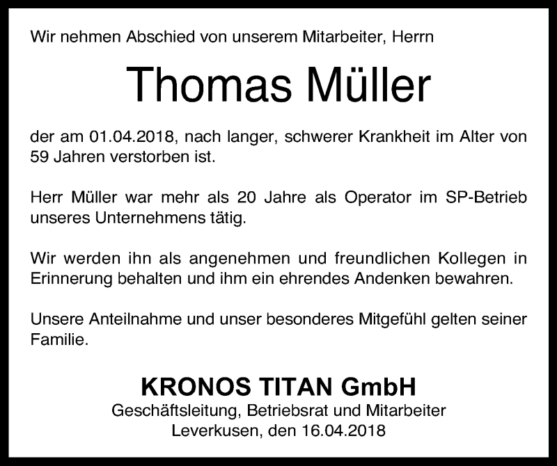  Traueranzeige für Thomas Müller vom 16.04.2018 aus Kölner Stadt-Anzeiger / Kölnische Rundschau / Express