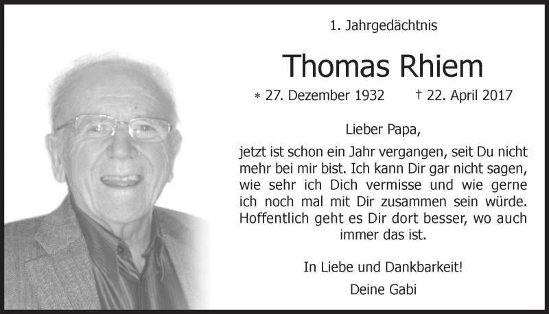  Traueranzeige für Thomas Rhiem vom 18.04.2018 aus  Bergisches Handelsblatt 