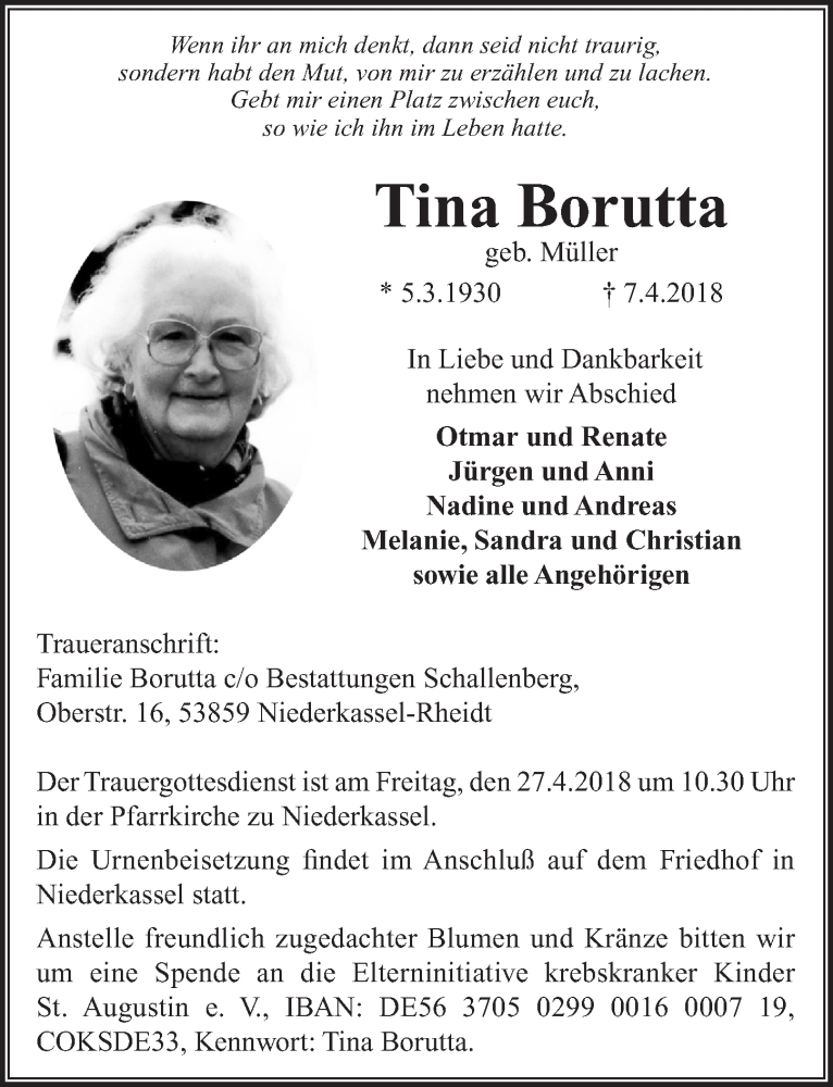  Traueranzeige für Tina Borutta vom 18.04.2018 aus  Extra Blatt 