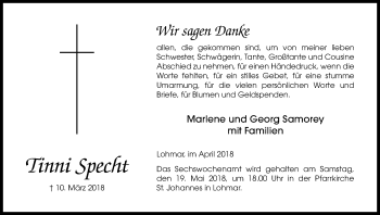 Anzeige von Tinni Specht von Kölner Stadt-Anzeiger / Kölnische Rundschau / Express