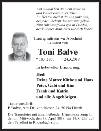 Anzeige von Toni Balve von  Wochenende 