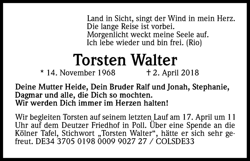  Traueranzeige für Torsten Walter vom 07.04.2018 aus Kölner Stadt-Anzeiger / Kölnische Rundschau / Express