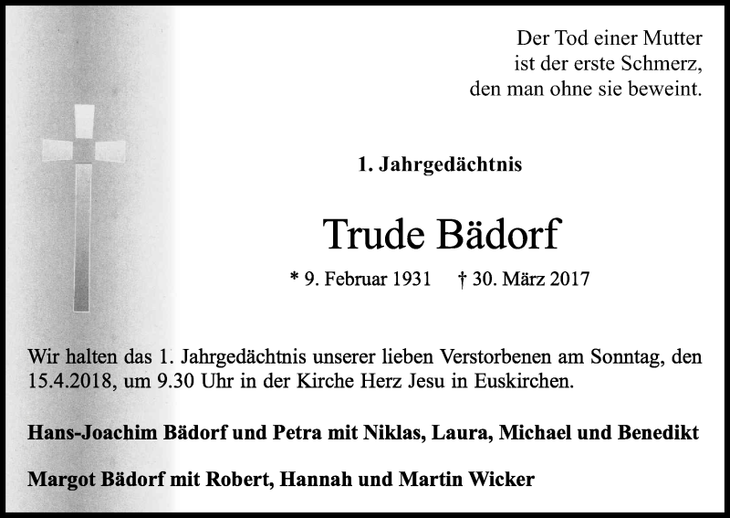  Traueranzeige für Trude Bädorf vom 07.04.2018 aus Kölner Stadt-Anzeiger / Kölnische Rundschau / Express