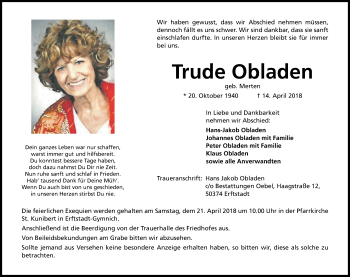 Anzeige von Trude Obladen von Kölner Stadt-Anzeiger / Kölnische Rundschau / Express