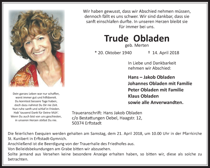  Traueranzeige für Trude Obladen vom 18.04.2018 aus  Werbepost 