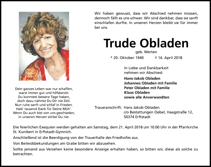  Traueranzeige für Trude Obladen vom 18.04.2018 aus Kölner Stadt-Anzeiger / Kölnische Rundschau / Express