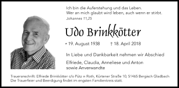 Anzeige von Udo Brinkkötter von Kölner Stadt-Anzeiger / Kölnische Rundschau / Express