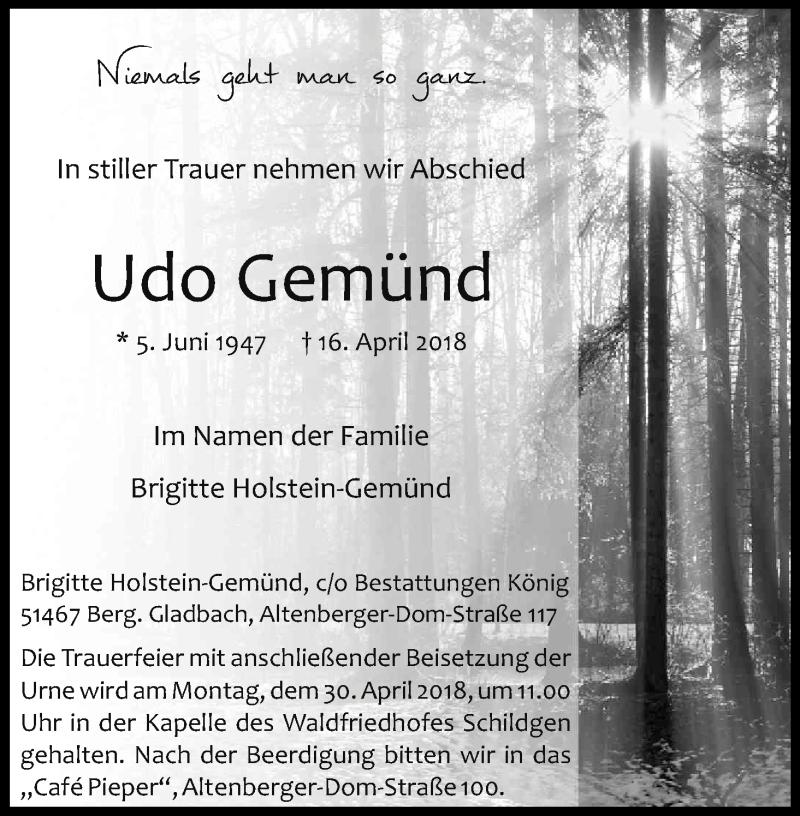  Traueranzeige für Udo Gemünd vom 21.04.2018 aus Kölner Stadt-Anzeiger / Kölnische Rundschau / Express