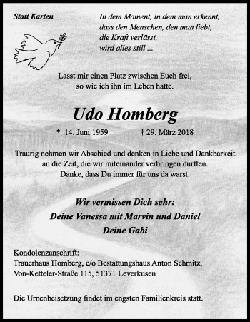 Anzeige von Udo Homberg von Kölner Stadt-Anzeiger / Kölnische Rundschau / Express