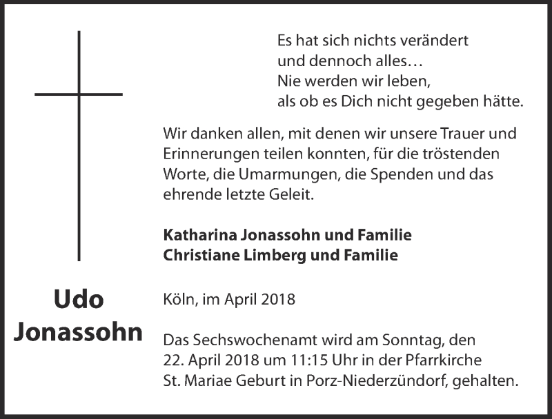  Traueranzeige für Udo Jonassohn vom 18.04.2018 aus  Kölner Wochenspiegel 