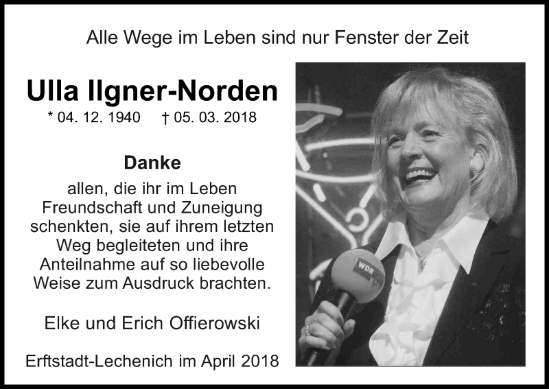  Traueranzeige für Ulla Ilgner-Norden vom 14.04.2018 aus Kölner Stadt-Anzeiger / Kölnische Rundschau / Express