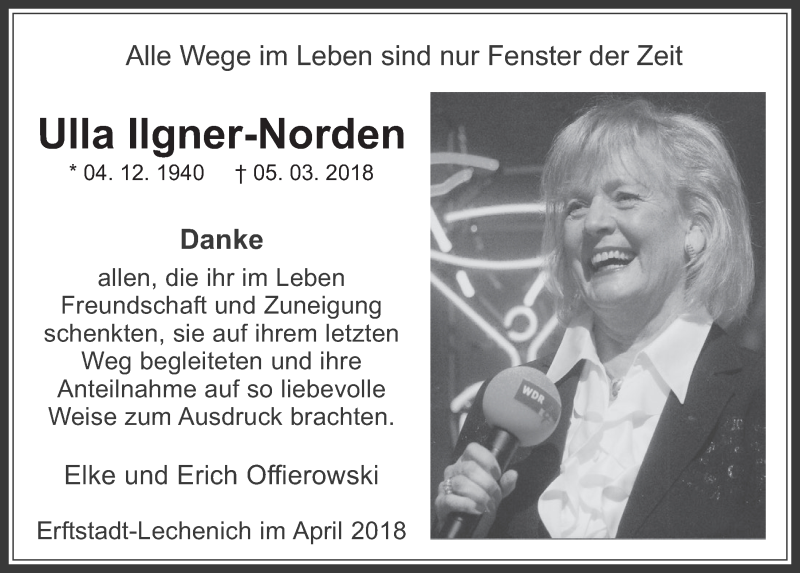  Traueranzeige für Ulla Ilgner-Norden vom 18.04.2018 aus  Werbepost 