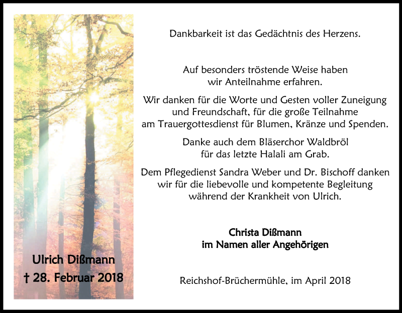  Traueranzeige für Ulrich Dißmann vom 21.04.2018 aus Kölner Stadt-Anzeiger / Kölnische Rundschau / Express