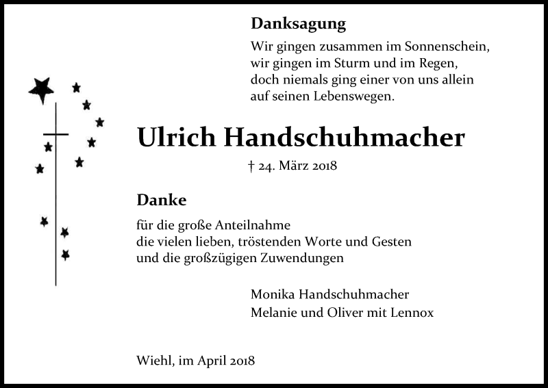  Traueranzeige für Ulrich Handschuhmacher vom 28.04.2018 aus Kölner Stadt-Anzeiger / Kölnische Rundschau / Express