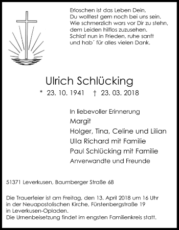 Anzeige von Ulrich Schlücking von Kölner Stadt-Anzeiger / Kölnische Rundschau / Express