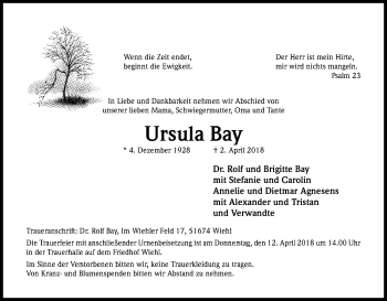 Anzeige von Ursula Bay von Kölner Stadt-Anzeiger / Kölnische Rundschau / Express