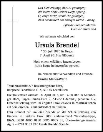Anzeige von Ursula Brendel von Kölner Stadt-Anzeiger / Kölnische Rundschau / Express