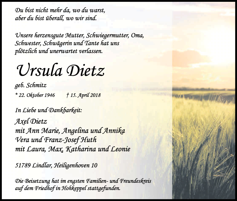  Traueranzeige für Ursula Dietz vom 28.04.2018 aus Kölner Stadt-Anzeiger / Kölnische Rundschau / Express