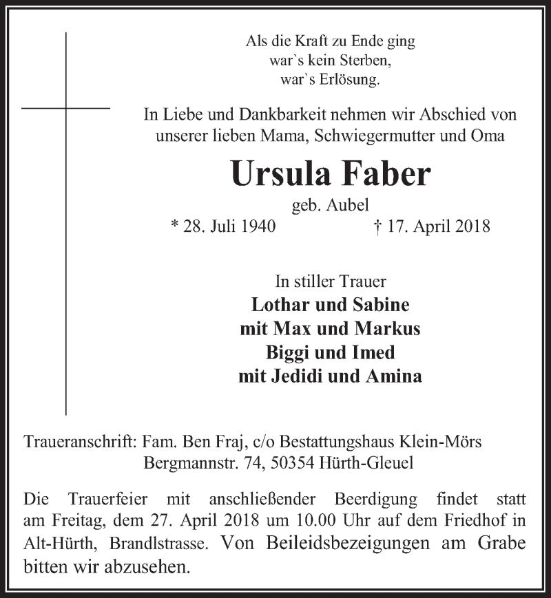  Traueranzeige für Ursula Faber vom 25.04.2018 aus  Wochenende 