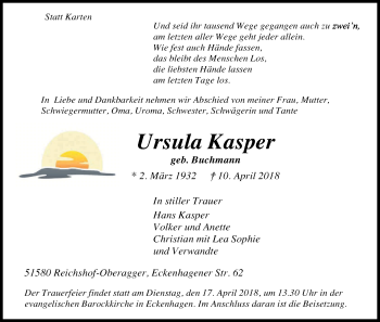 Anzeige von Ursula Kasper von Kölner Stadt-Anzeiger / Kölnische Rundschau / Express