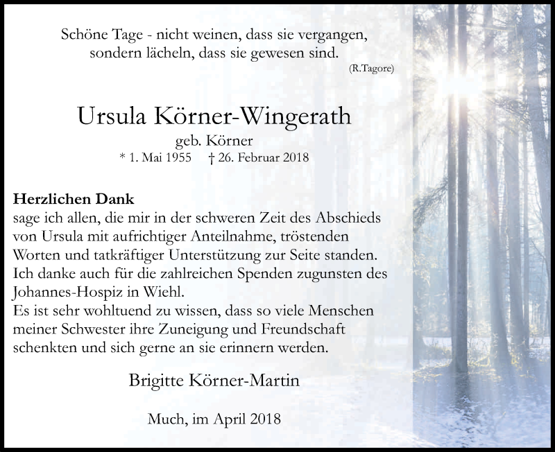  Traueranzeige für Ursula Körner-Wingerath vom 28.04.2018 aus Kölner Stadt-Anzeiger / Kölnische Rundschau / Express