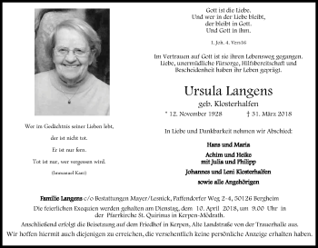 Anzeige von Ursula Langens von Kölner Stadt-Anzeiger / Kölnische Rundschau / Express