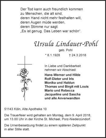 Anzeige von Ursula Lindauer-Pohl von  Kölner Wochenspiegel 