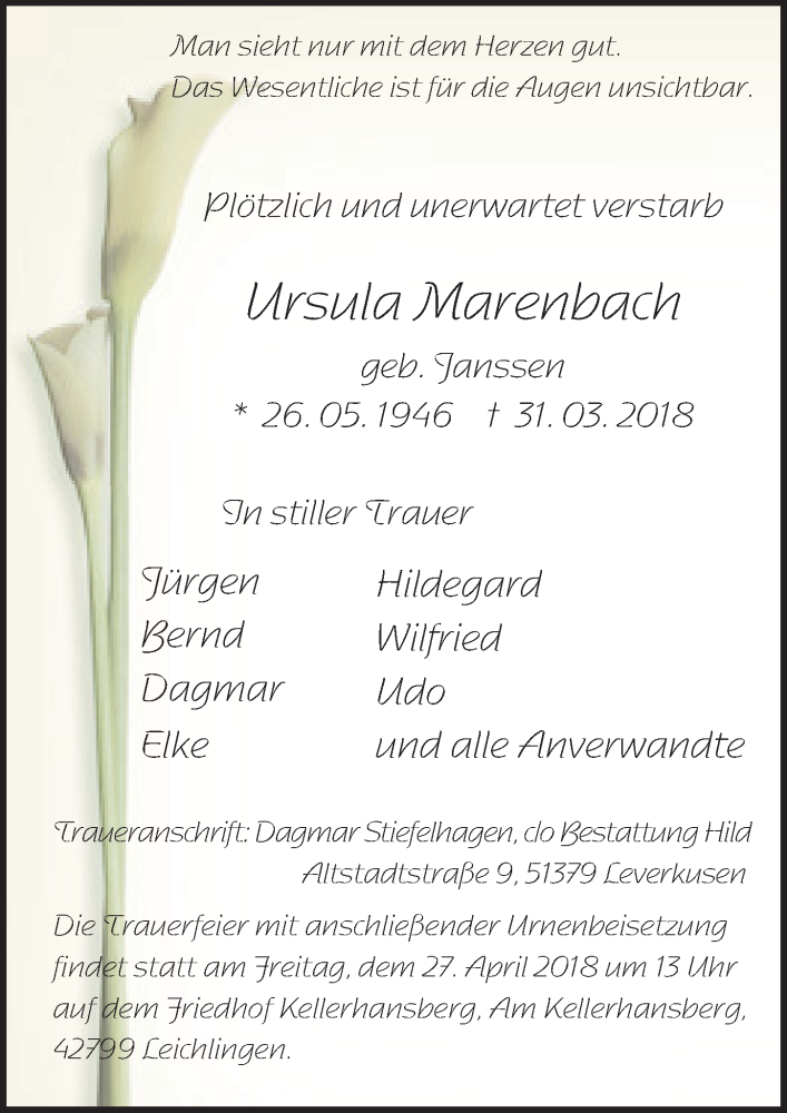  Traueranzeige für Ursula Marenbach vom 21.04.2018 aus  Leverkusener Wochenende 