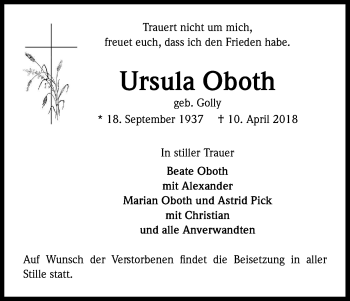 Anzeige von Ursula Oboth von Kölner Stadt-Anzeiger / Kölnische Rundschau / Express