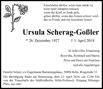 Anzeige von Ursula Scherag-Goßler von Kölner Stadt-Anzeiger / Kölnische Rundschau / Express