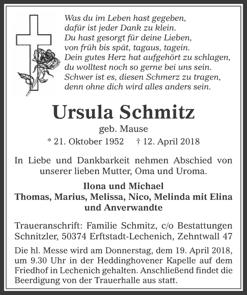  Traueranzeige für Ursula Schmitz vom 18.04.2018 aus  Werbepost 