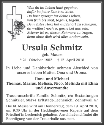 Anzeige von Ursula Schmitz von  Werbepost 