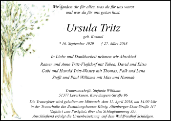 Anzeige von Ursula Tritz von Kölner Stadt-Anzeiger / Kölnische Rundschau / Express