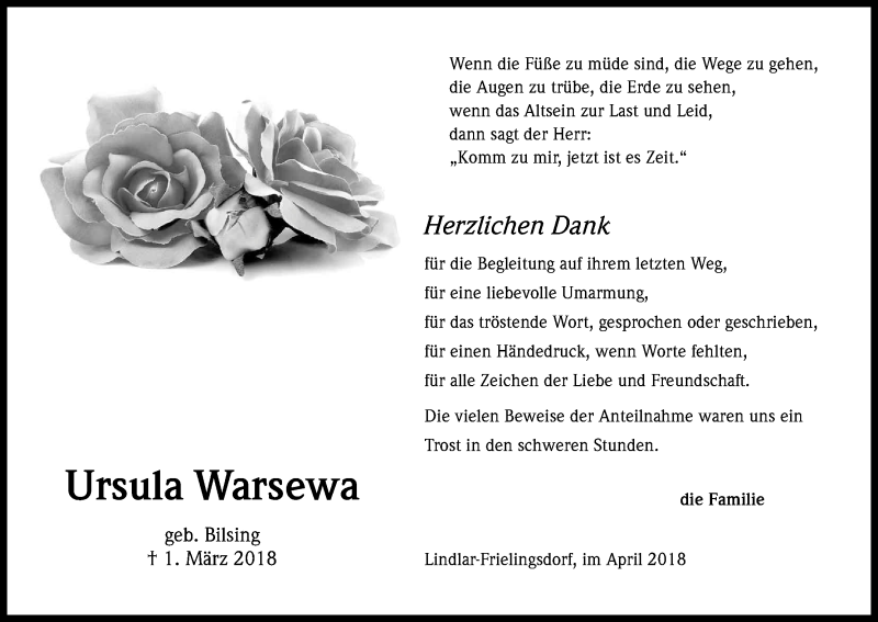  Traueranzeige für Ursula Warsewa vom 14.04.2018 aus Kölner Stadt-Anzeiger / Kölnische Rundschau / Express