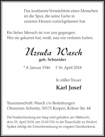 Anzeige von Ursula Wasch von  Sonntags-Post 