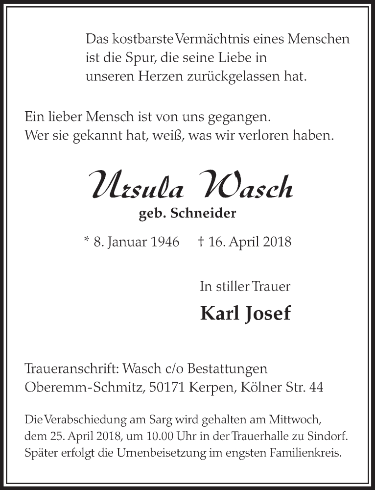  Traueranzeige für Ursula Wasch vom 21.04.2018 aus  Sonntags-Post 