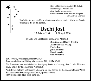 Anzeige von Uschi Jost von Kölner Stadt-Anzeiger / Kölnische Rundschau / Express