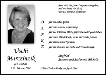 Anzeige von Uschi Marczinzik von Kölner Stadt-Anzeiger / Kölnische Rundschau / Express