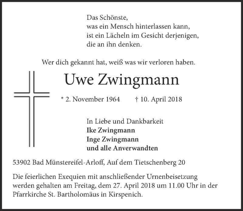  Traueranzeige für Uwe Zwingmann vom 21.04.2018 aus  Blickpunkt Euskirchen 