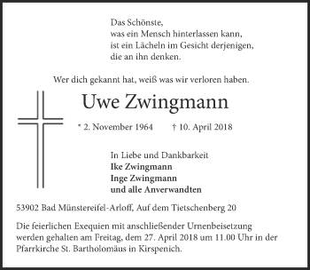 Anzeige von Uwe Zwingmann von  Blickpunkt Euskirchen 