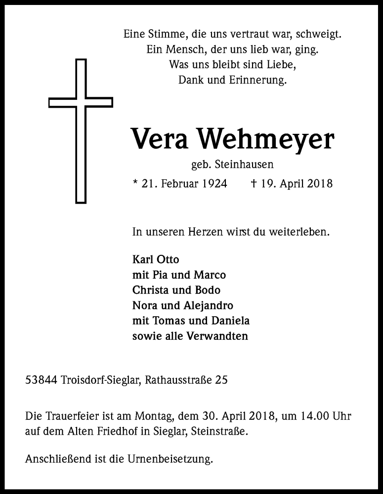  Traueranzeige für Vera Wehmeyer vom 28.04.2018 aus Kölner Stadt-Anzeiger / Kölnische Rundschau / Express