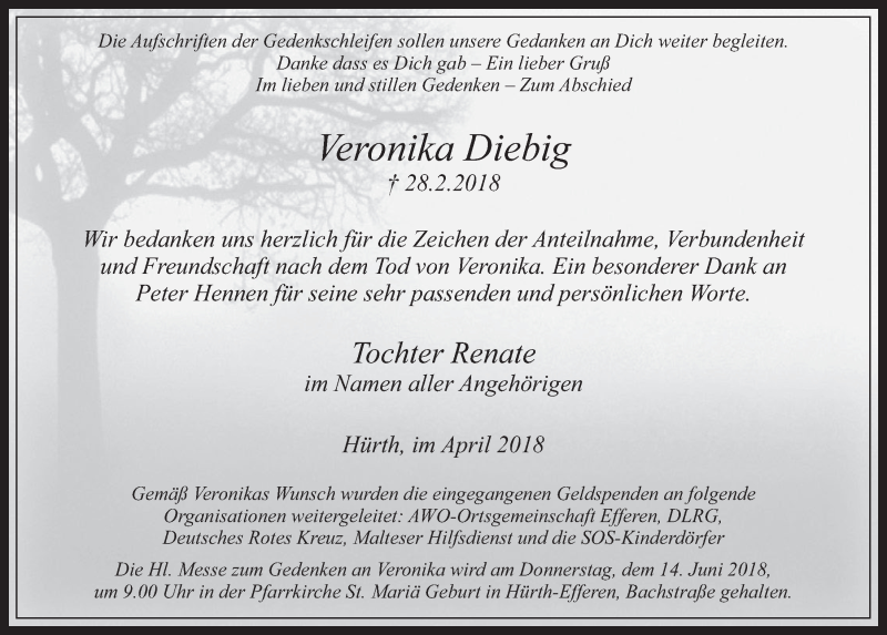  Traueranzeige für Veronika Diebig vom 18.04.2018 aus  Wochenende 