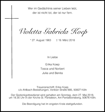 Anzeige von Violoetta Gabriela Koep von Kölner Stadt-Anzeiger / Kölnische Rundschau / Express