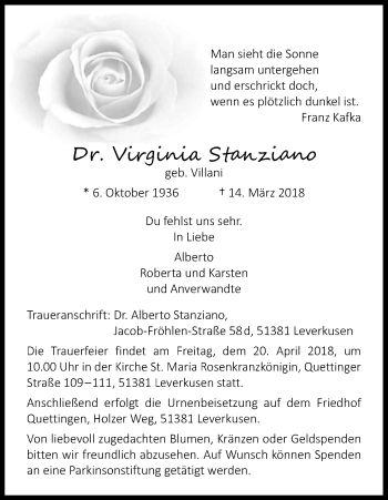 Anzeige von Virginia Stanziano von Kölner Stadt-Anzeiger / Kölnische Rundschau / Express