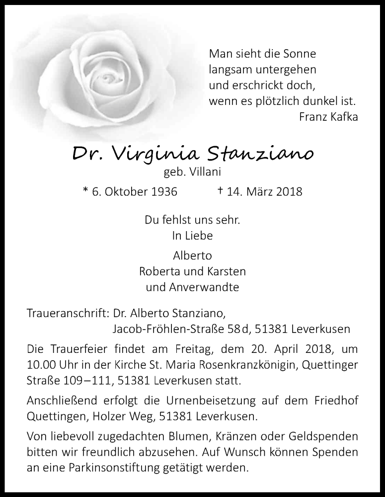  Traueranzeige für Virginia Stanziano vom 14.04.2018 aus Kölner Stadt-Anzeiger / Kölnische Rundschau / Express
