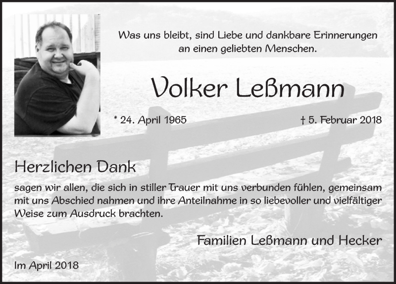  Traueranzeige für Volker Leßmann vom 07.04.2018 aus  Blickpunkt Euskirchen 