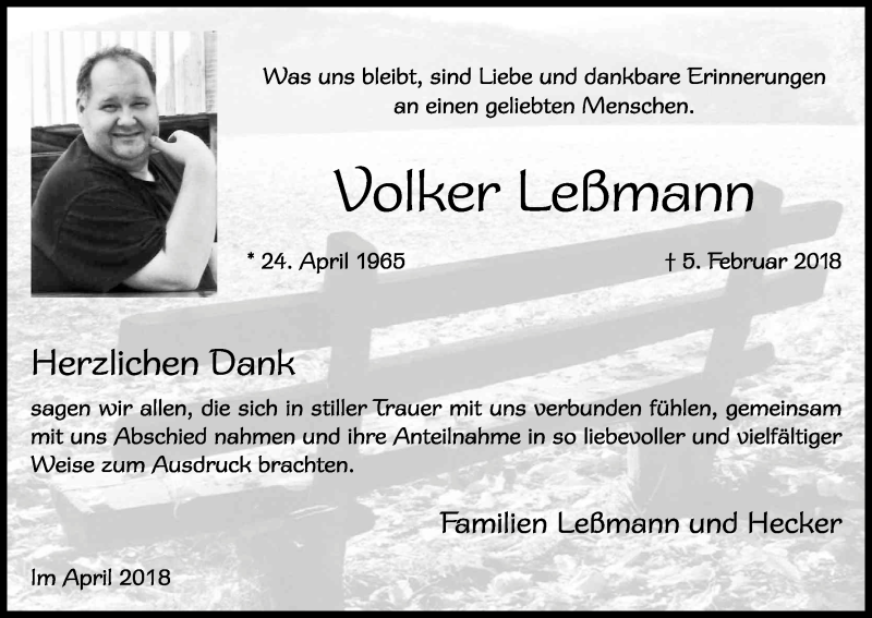  Traueranzeige für Volker Leßmann vom 07.04.2018 aus Kölner Stadt-Anzeiger / Kölnische Rundschau / Express