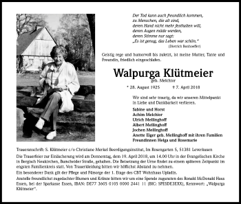 Anzeige von Walpurga Klütmeier von Kölner Stadt-Anzeiger / Kölnische Rundschau / Express