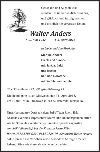 Anzeige von Walter Anders von  Blickpunkt Euskirchen 